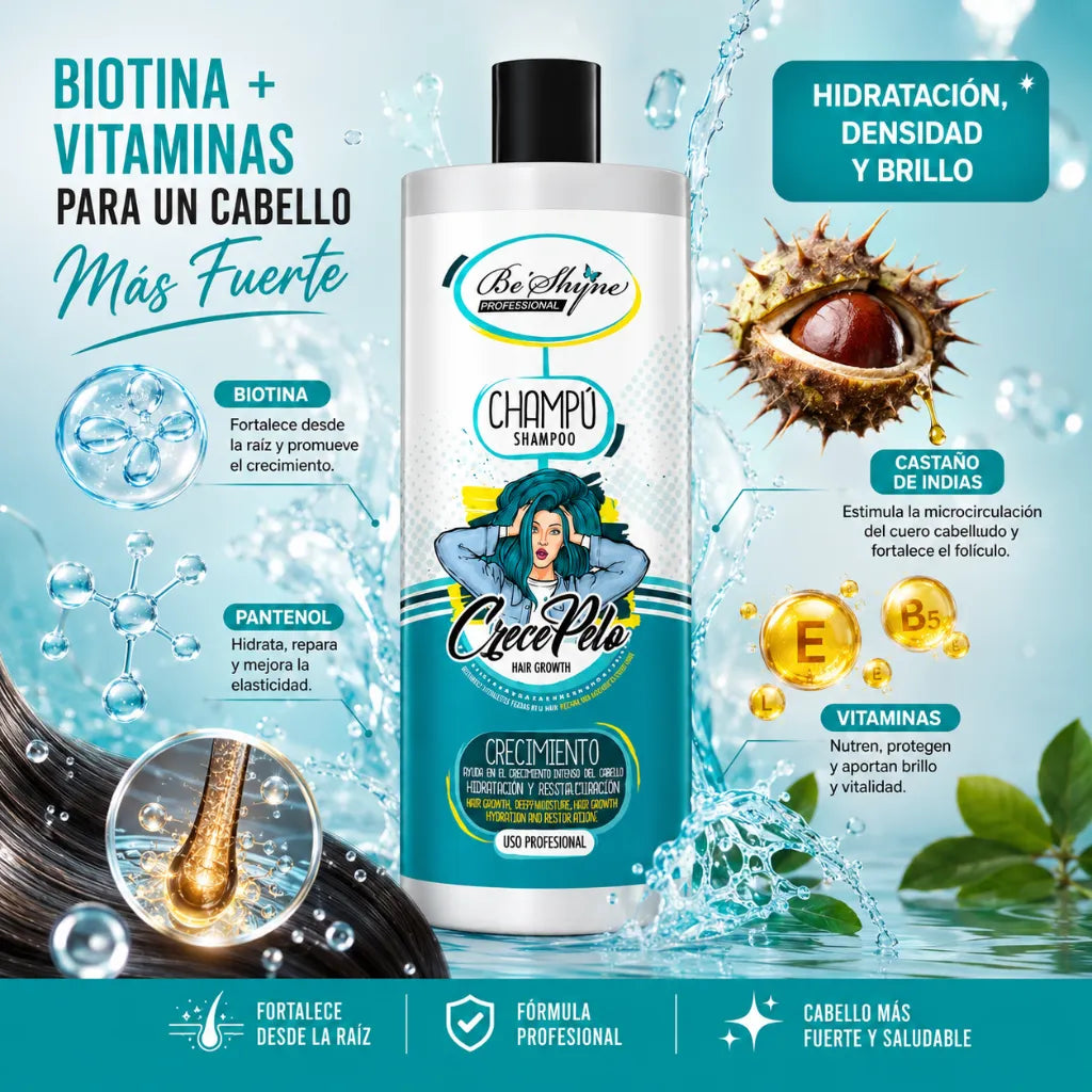 Be'Shyne – Champú Crece Pelo con Biotina y Pantenol para Cabello Frágil 1000ml