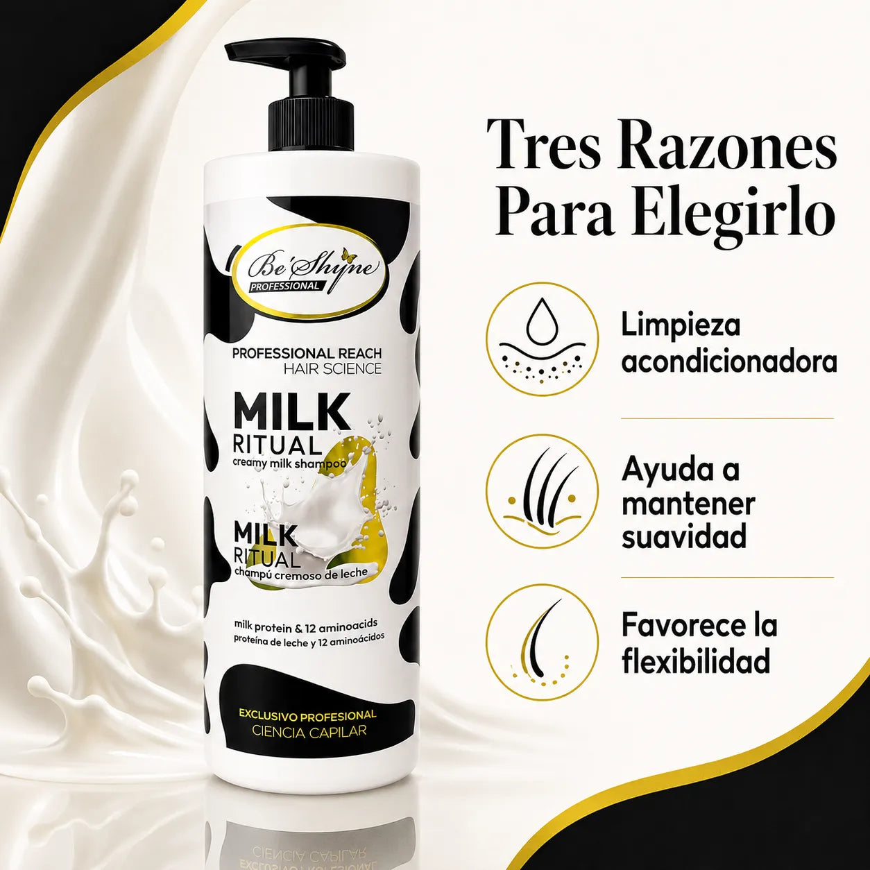 Be'Shyne – Champú acondicionador para cabello suave Milk Ritual 1000 ml