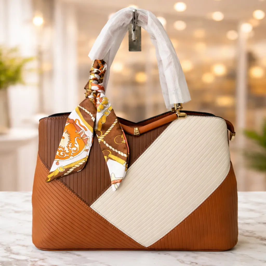 Bolso Elegante Bicolor con Pañuelo Decorativo – Diseño Premium Geométrico