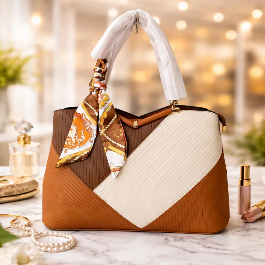 Bolso Elegante Bicolor con Pañuelo Decorativo – Diseño Premium Geométrico