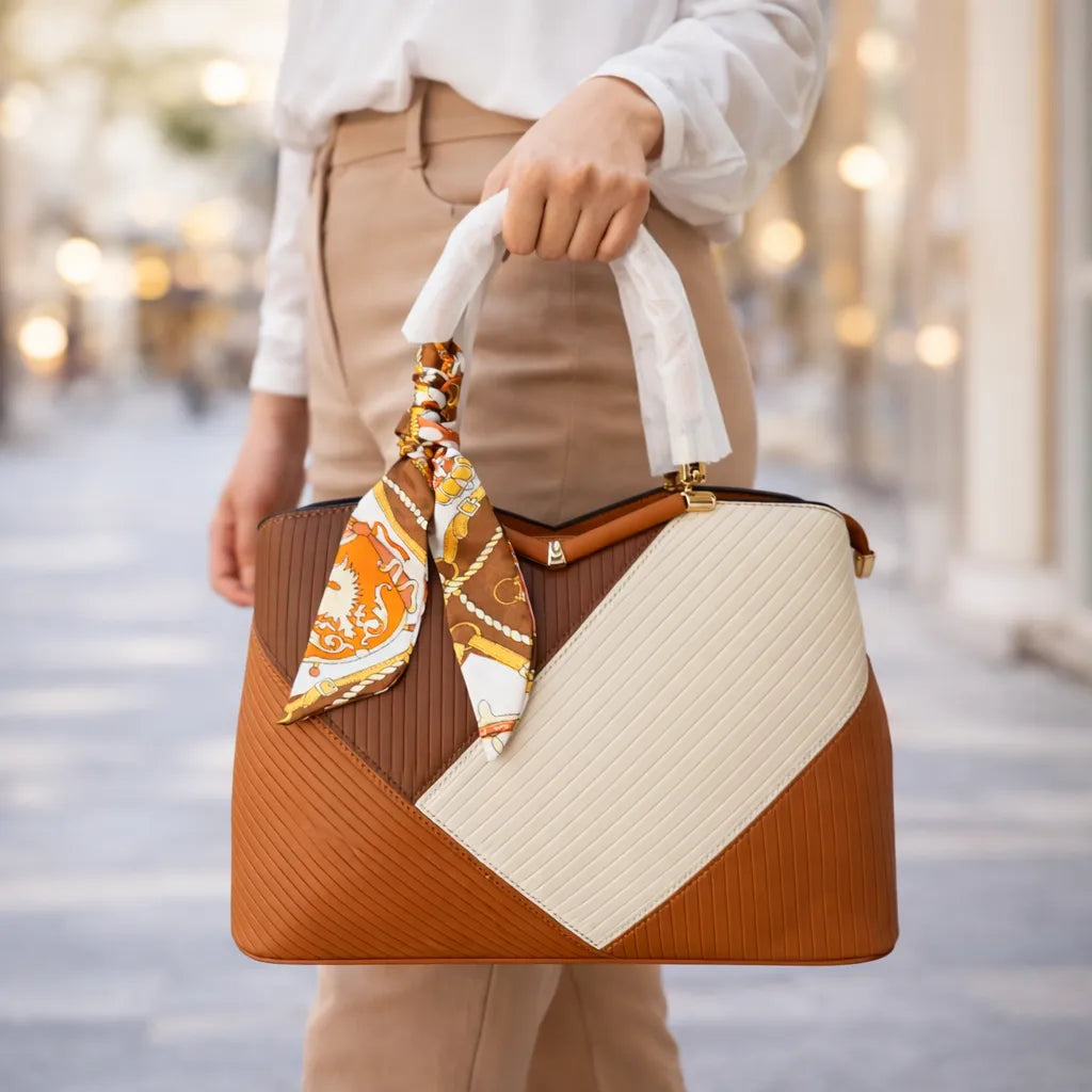 Bolso Elegante Bicolor con Pañuelo Decorativo – Diseño Premium Geométrico