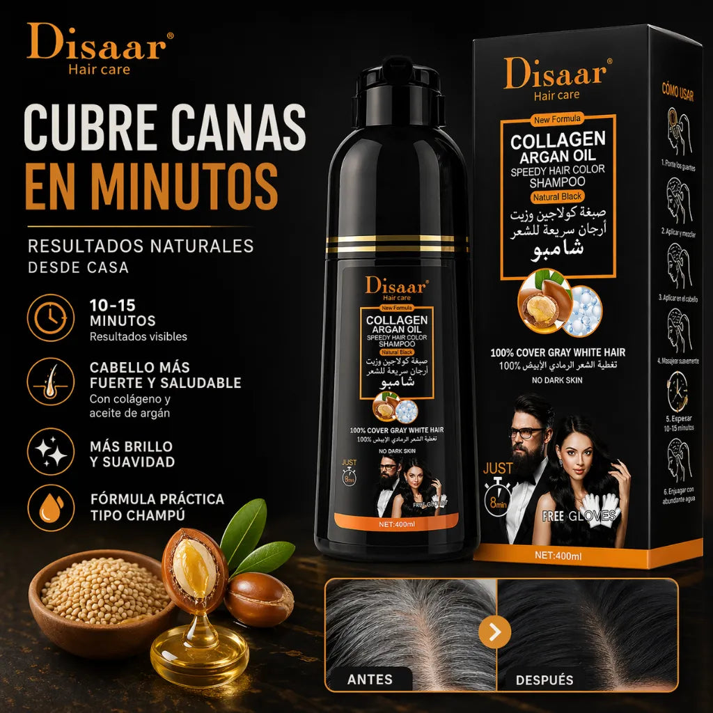 DISAAR – Champú Color Negro cubre Canas con Colágeno y Aceite de Argán 400ml