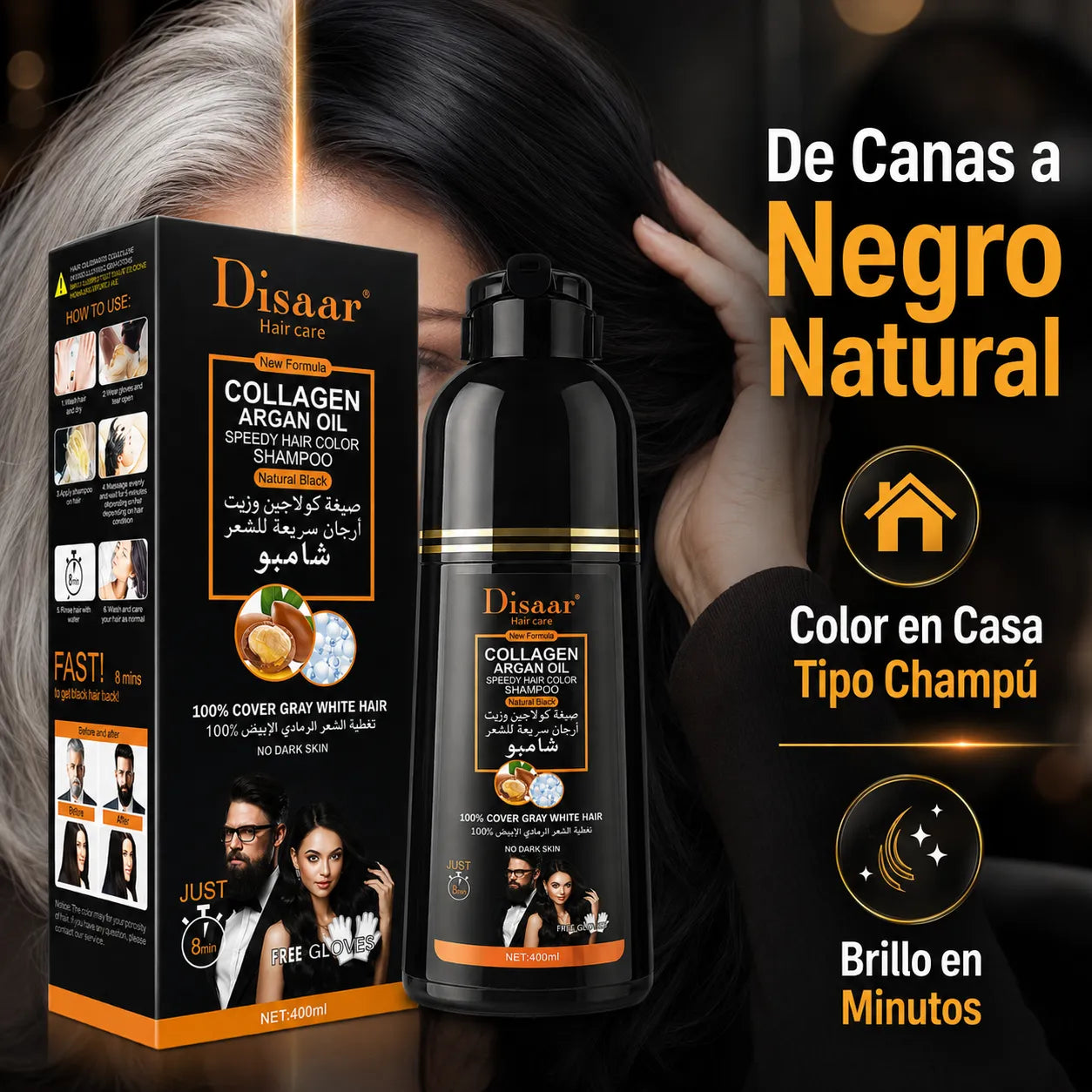 DISAAR – Champú Color Negro cubre Canas con Colágeno y Aceite de Argán 400ml