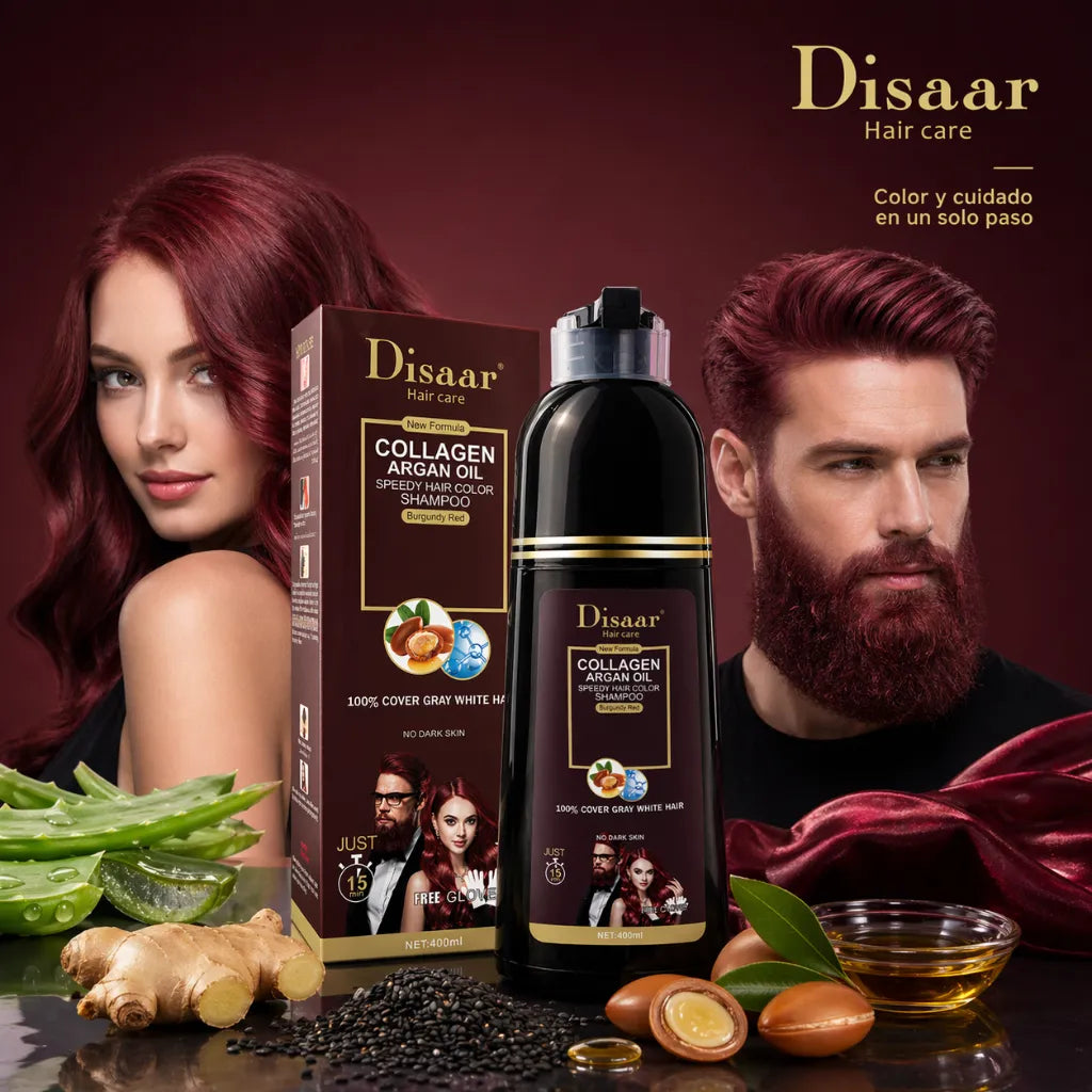 DISAAR– Champú Color Rojo Borgoña con Colágeno y Aceite de Argán para Cabello y Barba 400ml
