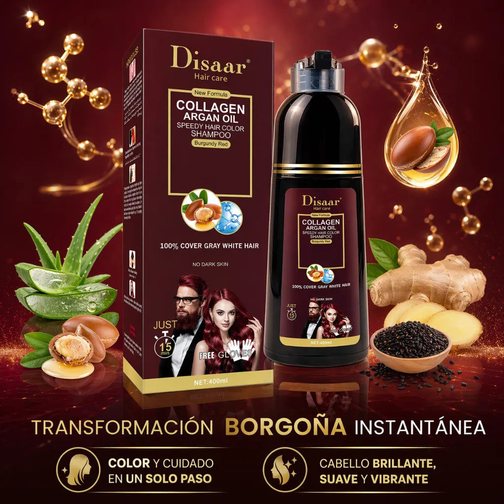 DISAAR– Champú Color Rojo Borgoña con Colágeno y Aceite de Argán para Cabello y Barba 400ml