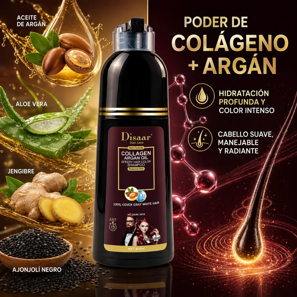 DISAAR– Champú Color Rojo Borgoña con Colágeno y Aceite de Argán para Cabello y Barba 400ml