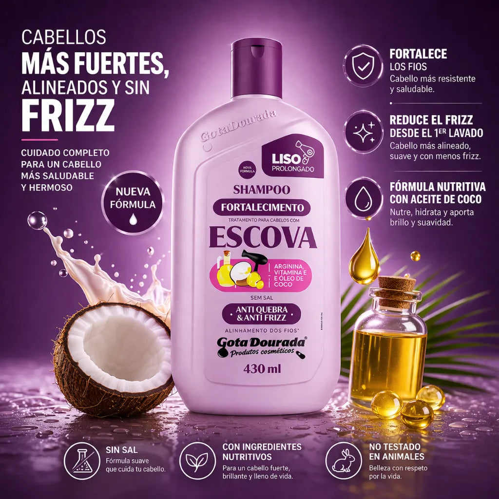 Gota Dourada – Champú Fortalecimiento con Arginina y Coco para Protección Térmica 430ml