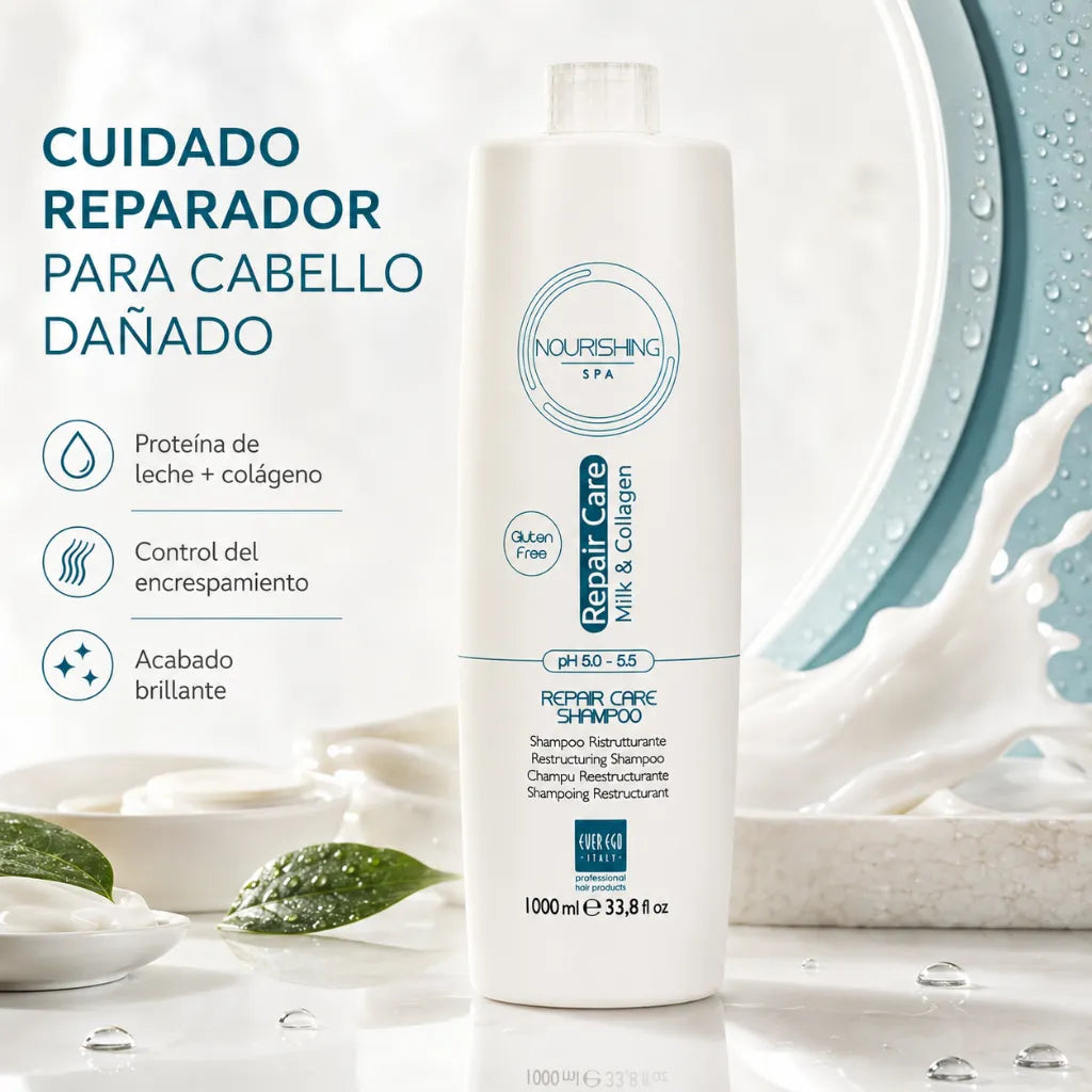 Ever Ego Italy – Champú Restructurante con Leche y Colágeno para Cabello Encrespado y Dañado 1000ml