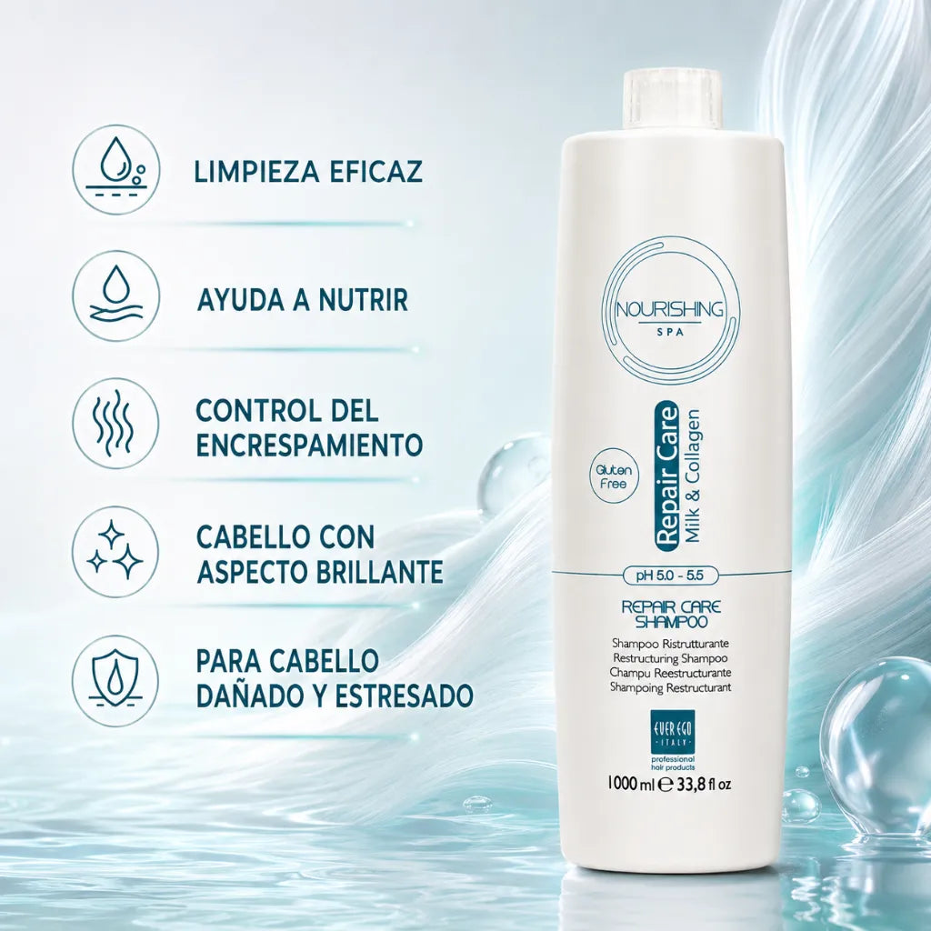 Ever Ego Italy – Champú Restructurante con Leche y Colágeno para Cabello Encrespado y Dañado 1000ml