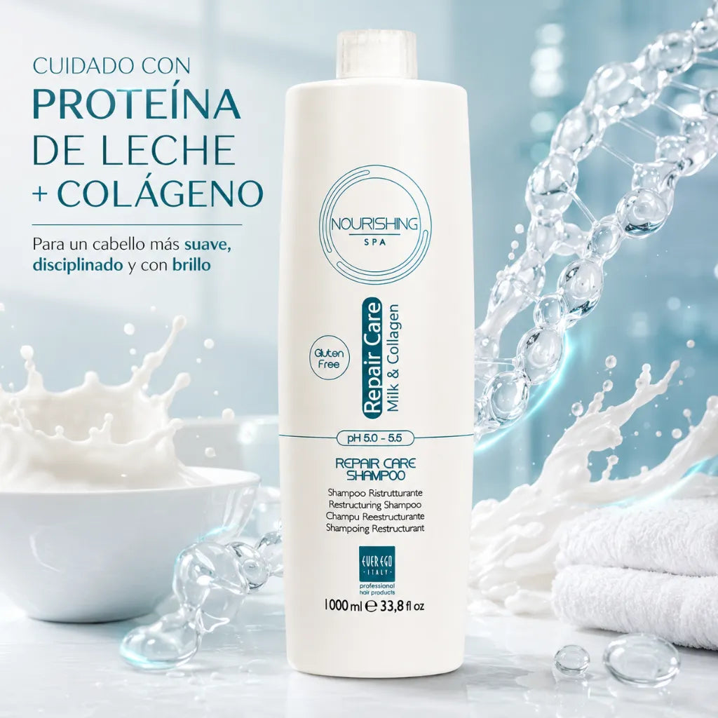 Ever Ego Italy – Champú Restructurante con Leche y Colágeno para Cabello Encrespado y Dañado 1000ml