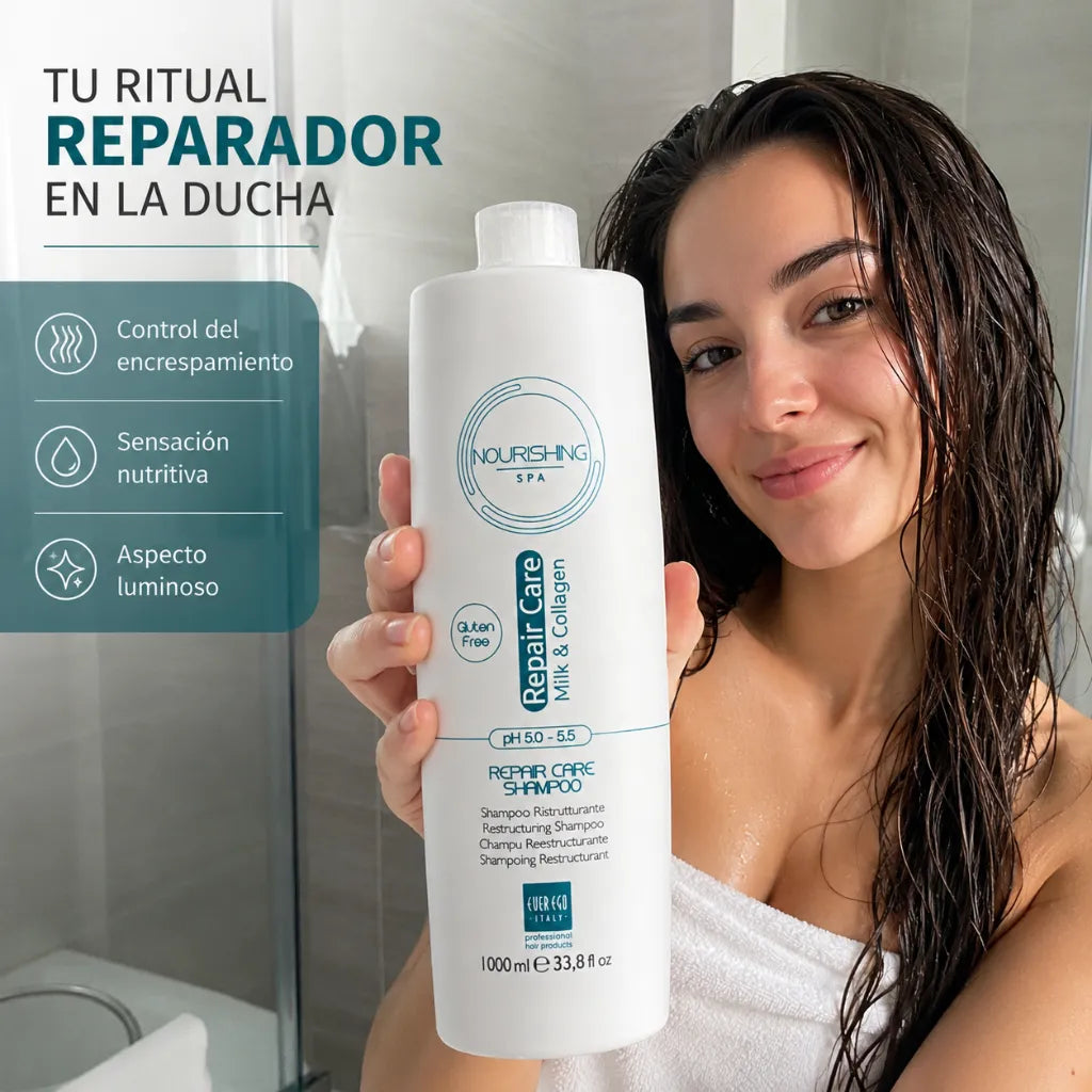 Ever Ego Italy – Champú Restructurante con Leche y Colágeno para Cabello Encrespado y Dañado 1000ml