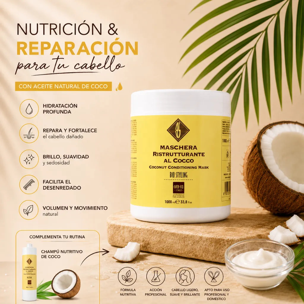 Mascarilla Reestructurante de Coco – Nutrición, Suavidad y Volumen sin Engrasar | 1000/300 ml