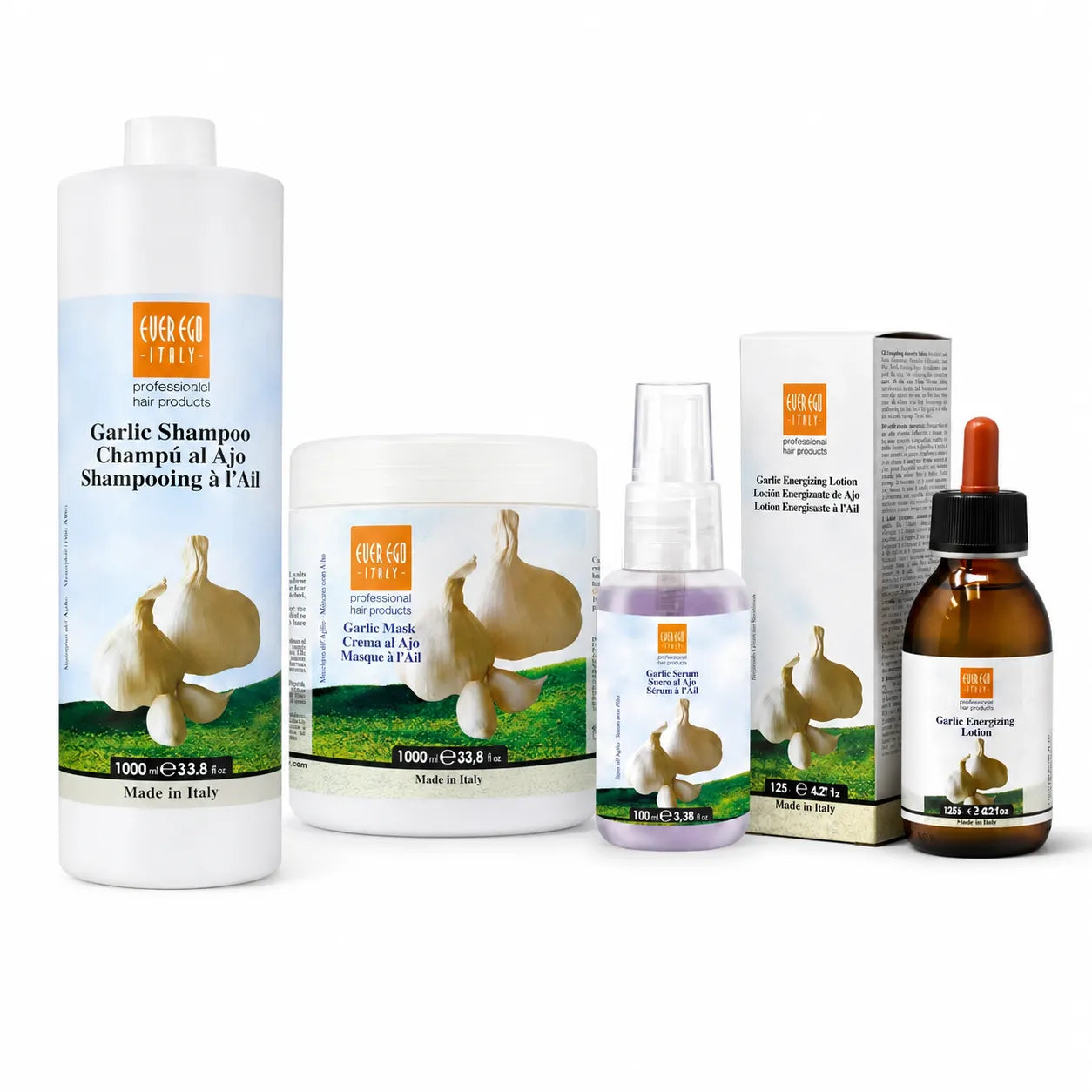 Ever Ego Italy – Pack Capilar de Ajo Fortalecedor para Cabello Dañado y Teñido 4 Productos