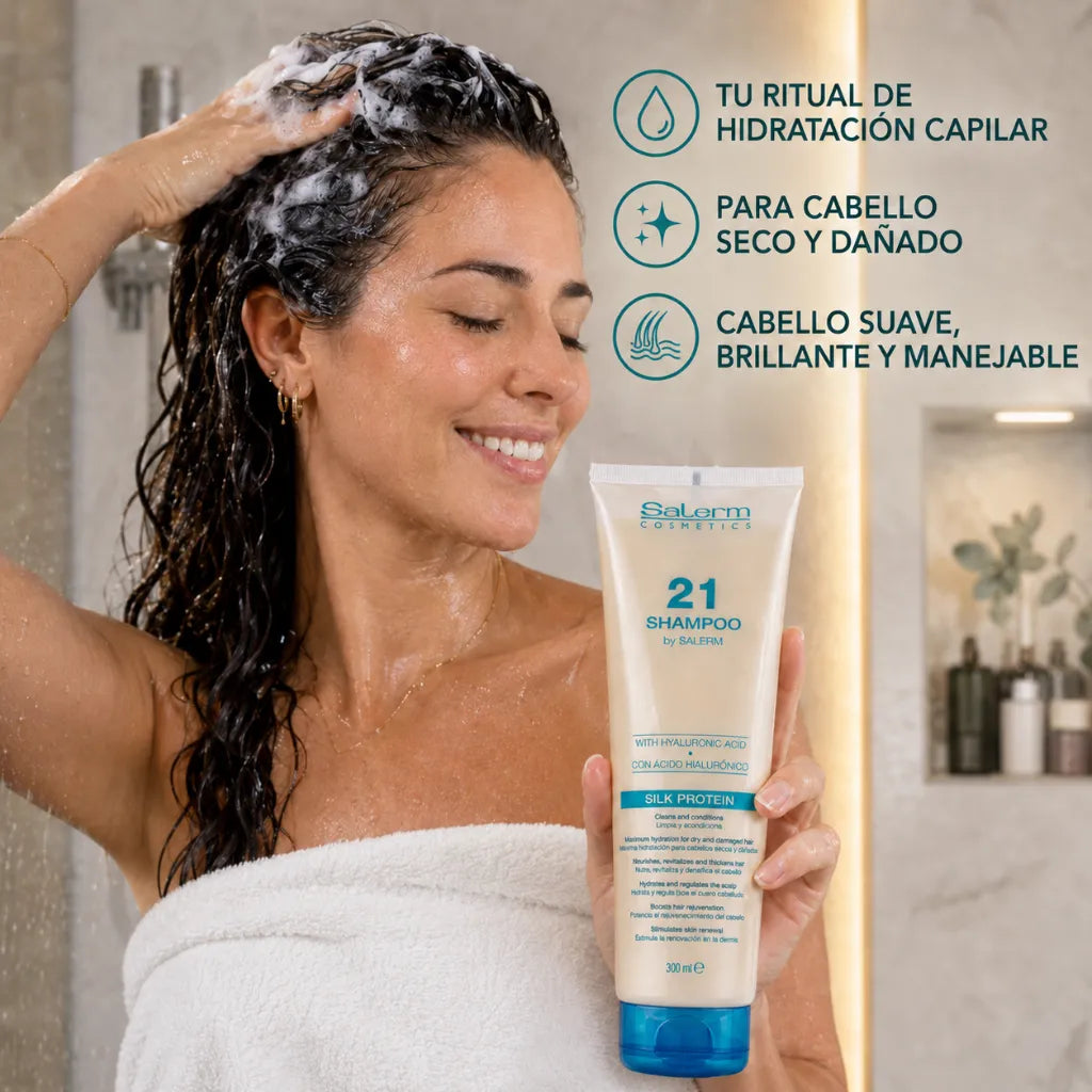 Salerm – Champú Rejuvenecedor con Ácido Hialurónico y Proteínas de Seda para Cabello Seco y Dañado 300ml