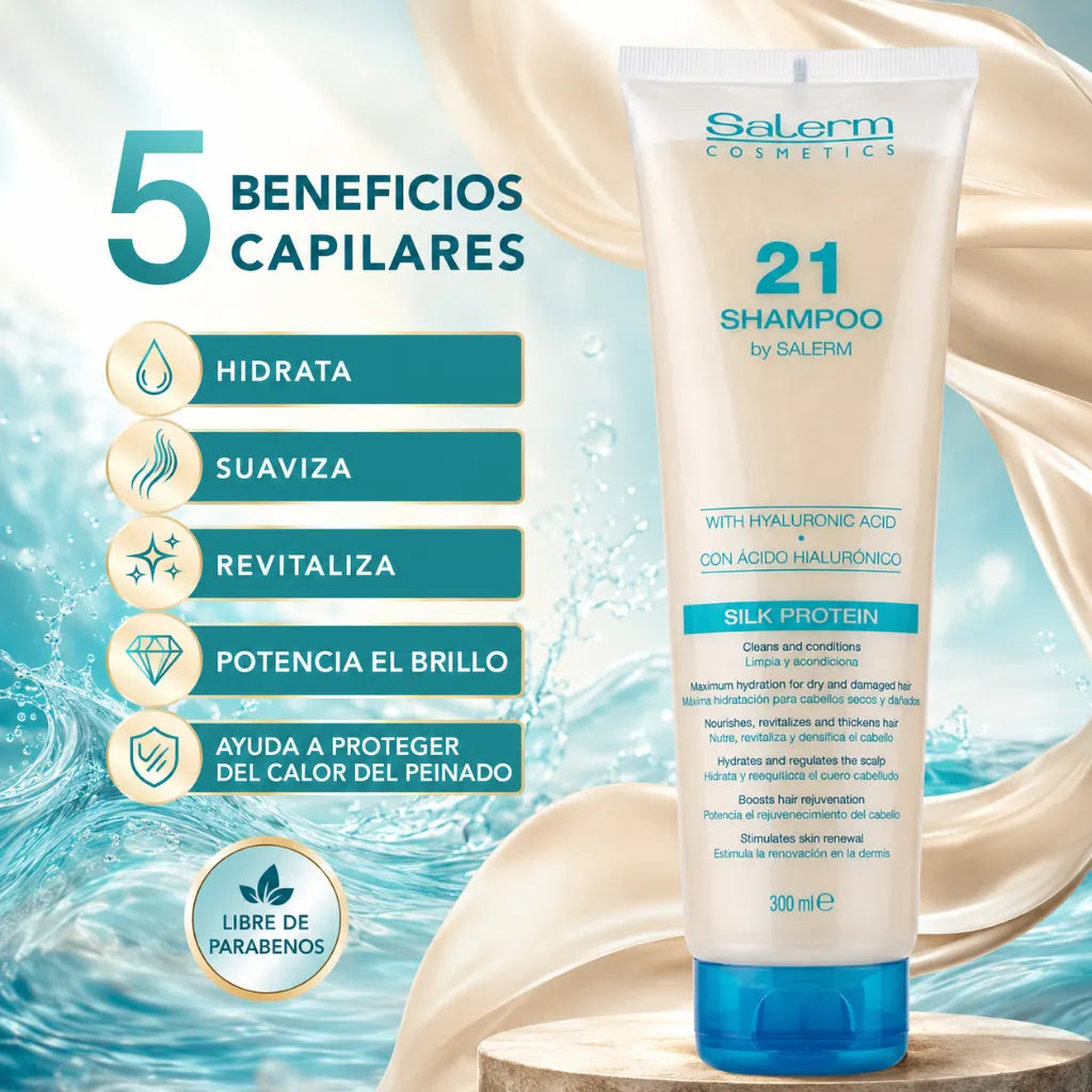 Salerm – Champú Rejuvenecedor con Ácido Hialurónico y Proteínas de Seda para Cabello Seco y Dañado 300ml