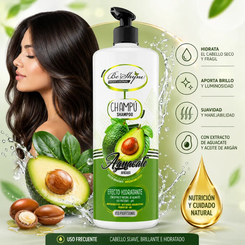 Be´Shyne – Champú Hidratante con Aguacate y Aceite de Argán para Cabello Seco y Frágil 1L
