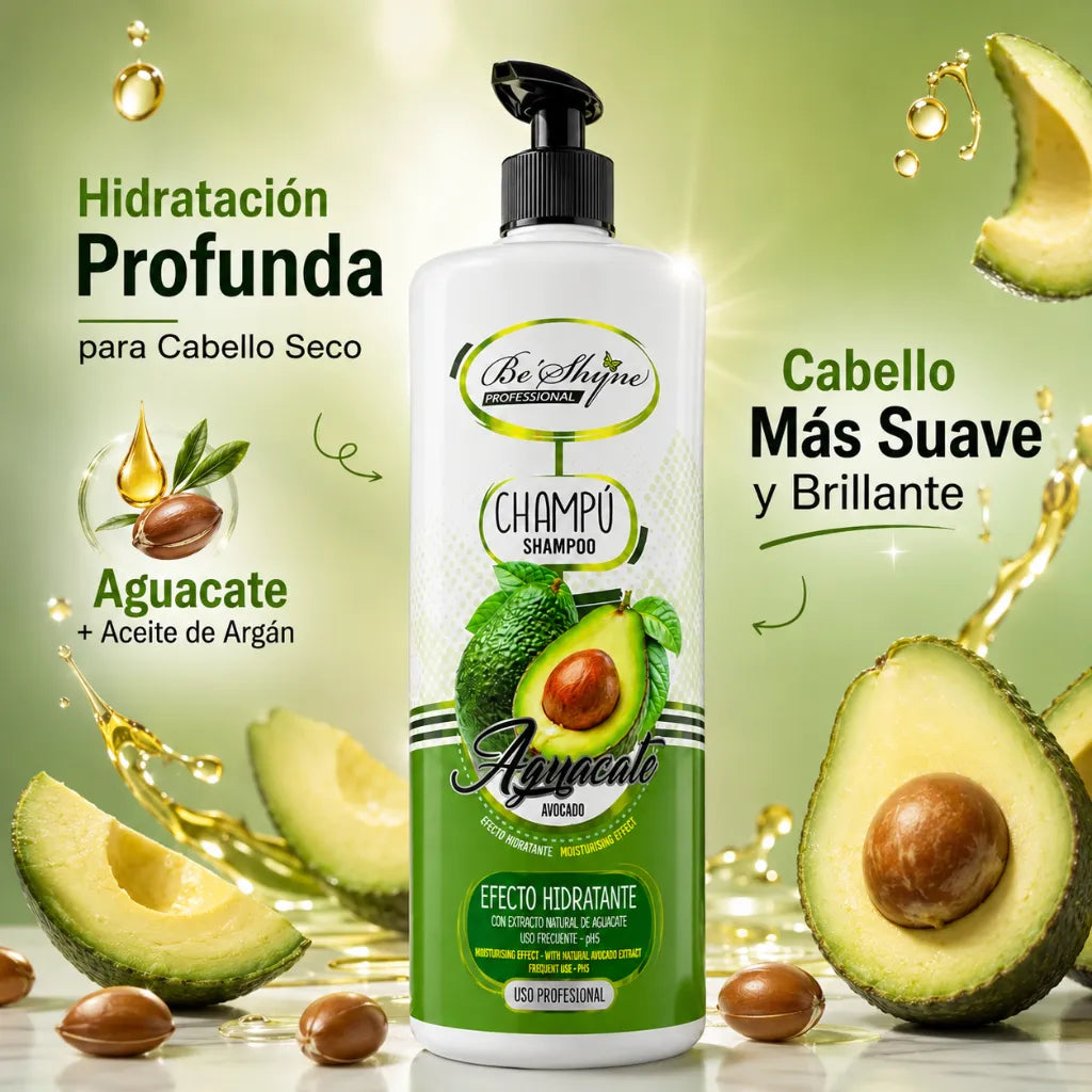 Be´Shyne – Champú Hidratante con Aguacate y Aceite de Argán para Cabello Seco y Frágil 1L