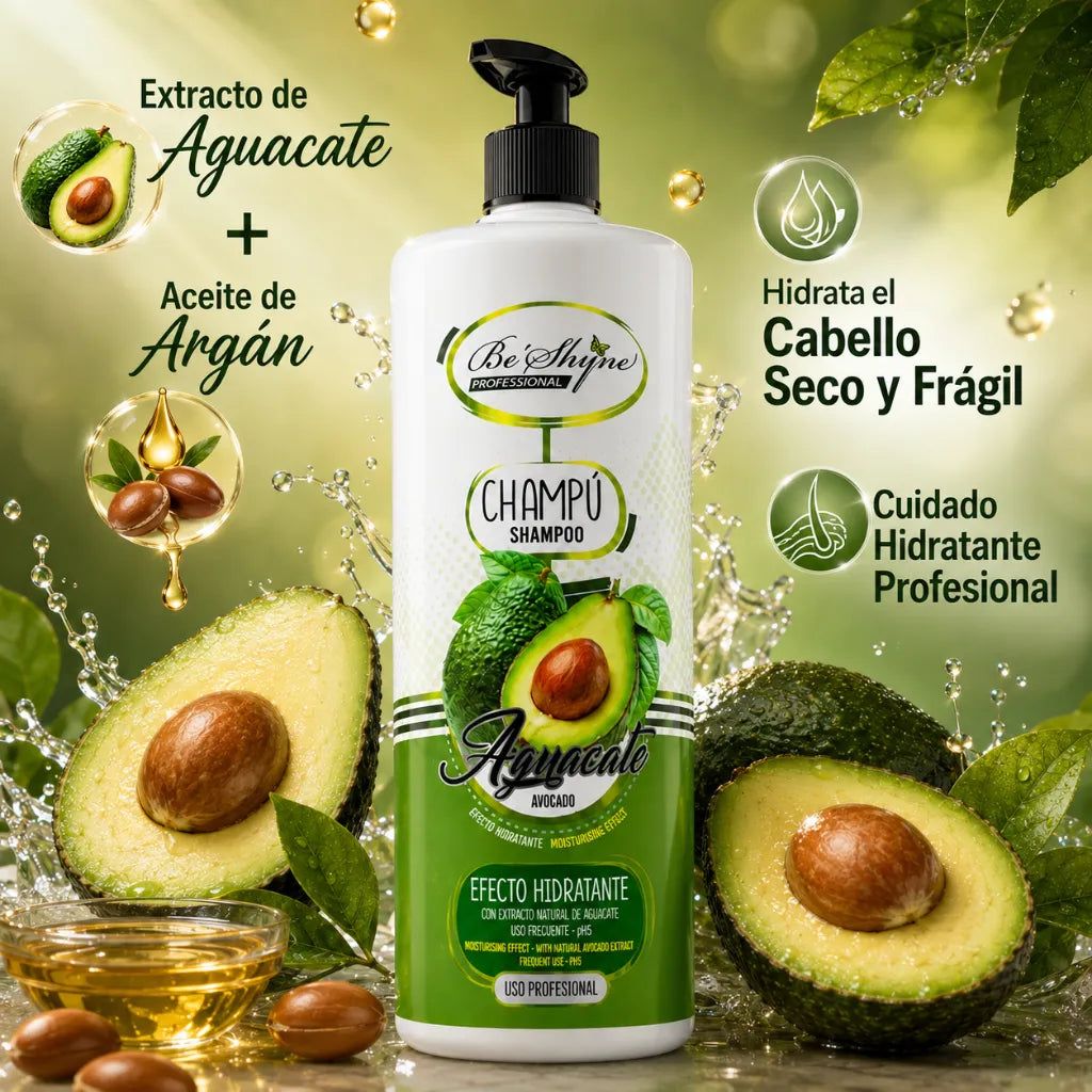 Be´Shyne – Champú Hidratante con Aguacate y Aceite de Argán para Cabello Seco y Frágil 1L
