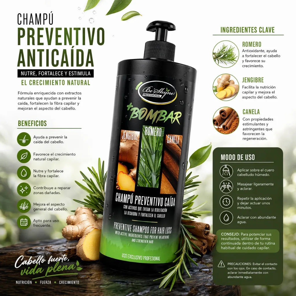 Be Shyne – Champú Nutritivo Anticaída con Romero para Crecimiento Capilar 1000ml