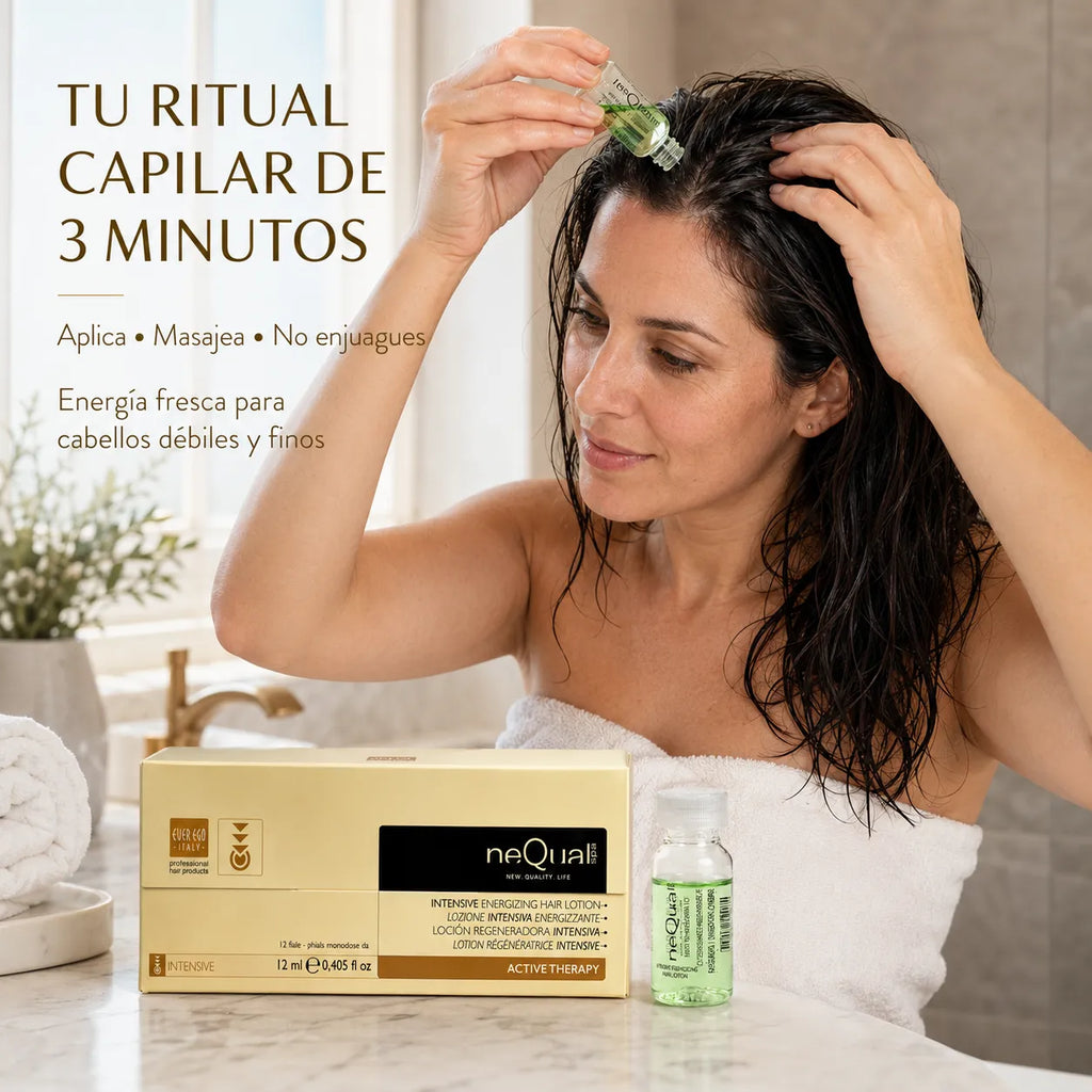 Ever Ego Italy – Loción Capilar Energizante NeQual Fortalecedora para Cabello Fino y Débil con Romero y Ortiga 12 x 12ml