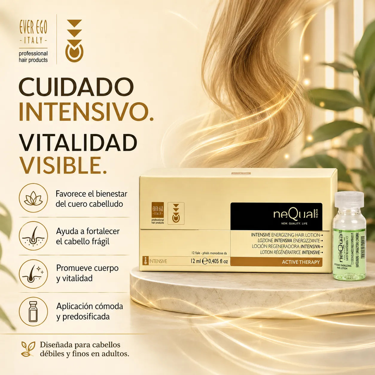 Ever Ego Italy – Loción Capilar Energizante NeQual Fortalecedora para Cabello Fino y Débil con Romero y Ortiga 12 x 12ml